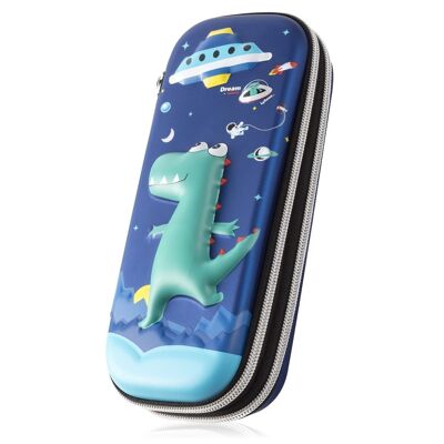 2-tier pencil case with double zipper. 3D Dinosaur Design. Electric blue