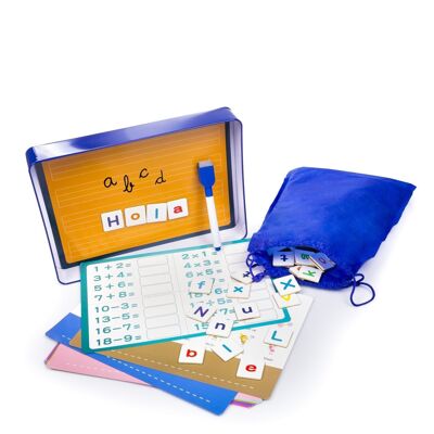 Spelling activity game with 107 magnetic letters. English word learning cards. Blue