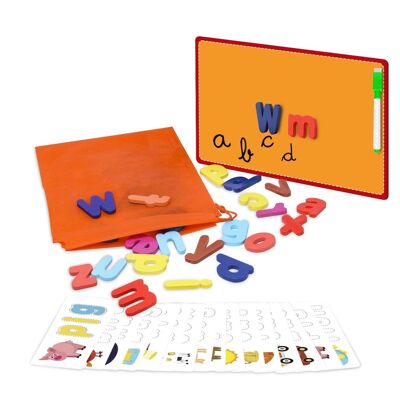 Gioco di ortografia avanzato in inglese con carte di animali, frutta e oggetti. Lettere di legno. Include lavagna e pennarello con gomma. Blu