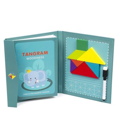 Tangram book with magnetic wooden pieces. Includes more than 90 challenges and solutions. Blue