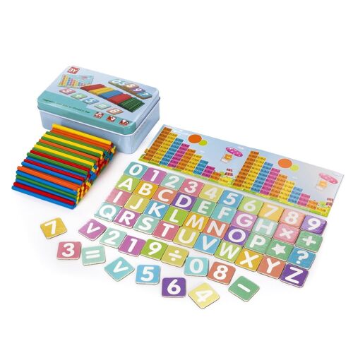 Caja con números, letras y símbolos magnéticos. Incluye palitos para realizar operaciones matemáticas. Multicolor