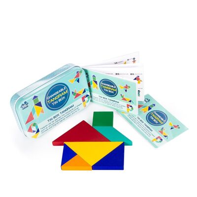 Wooden tangram presented in a metal box. Includes booklet with 108 challenges. Light Blue