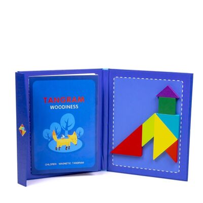 Buch mit magnetischem Tangram aus Holz. Enthält 96 Herausforderungen und ihre Lösungen. Blau
