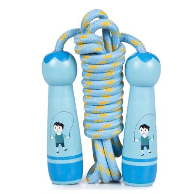 Children's wooden jump rope with a nice design of a child jumping. 300cm rope. Light Blue