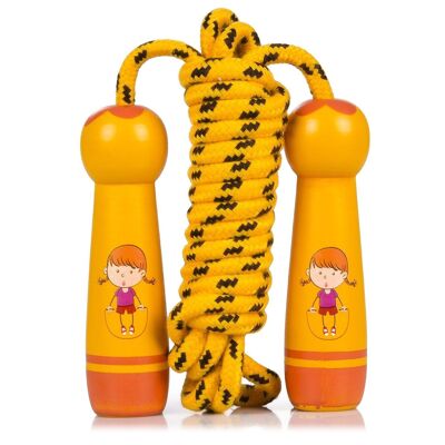 Hölzernes Springseil für Kinder mit schönem Design eines springenden Mädchens. 300cm Seil. Orange