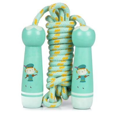 Hölzernes Springseil für Kinder mit schönem Springprinzen-Design. 300cm Seil. Aquamaringrün