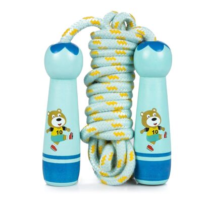 Hölzernes Springseil für Kinder mit einem süßen springenden Bären-Design. 300cm Seil. Blau