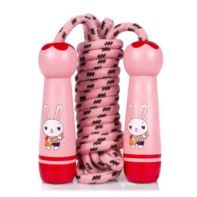 Children's wooden jump rope with a cute jumping bunny design. 300cm rope. Red
