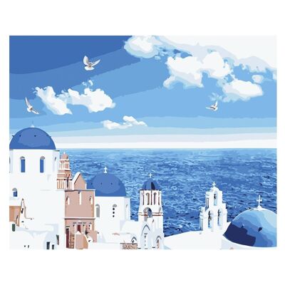 Canvas with drawing to paint with numbers, 40x50cm. Coastal town design. Includes necessary brushes and paints. Blue