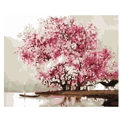 Toile avec dessin à peindre avec des chiffres, 40x50cm. Conception d'arbres de printemps. Comprend les pinceaux et les peintures nécessaires. Beige