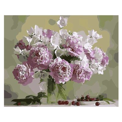 Canvas with drawing to paint with numbers, 40x50cm. Floral still life design. Includes necessary brushes and paints. Lilac