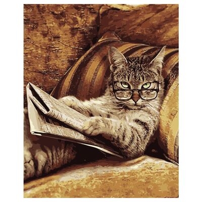Lienzo con dibujo para pintar con números, de 40x50cm. Diseño gato leyendo el periódico. Incluye pinceles y pinturas necesarias. Marrón