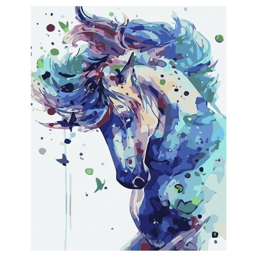 Lienzo con dibujo para pintar con números, de 40x50cm. Diseño caballo colorido. Incluye pinceles y pinturas necesarias. Azul Claro