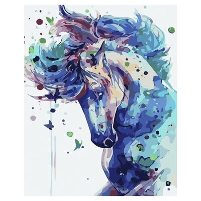 Canvas with drawing to paint with numbers, 40x50cm. Colorful horse design. Includes necessary brushes and paints. Light Blue