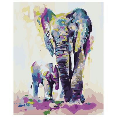 Lienzo con dibujo para pintar con números, de 40x50cm. Diseño elefantes coloridos. Incluye pinceles y pinturas necesarias. Morado