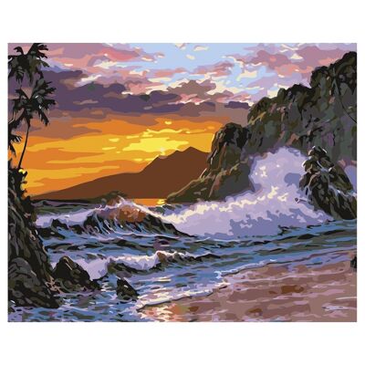 Canvas with drawing to paint with numbers, 40x50cm. Waves and sunset design. Includes necessary brushes and paints. Bluish gray