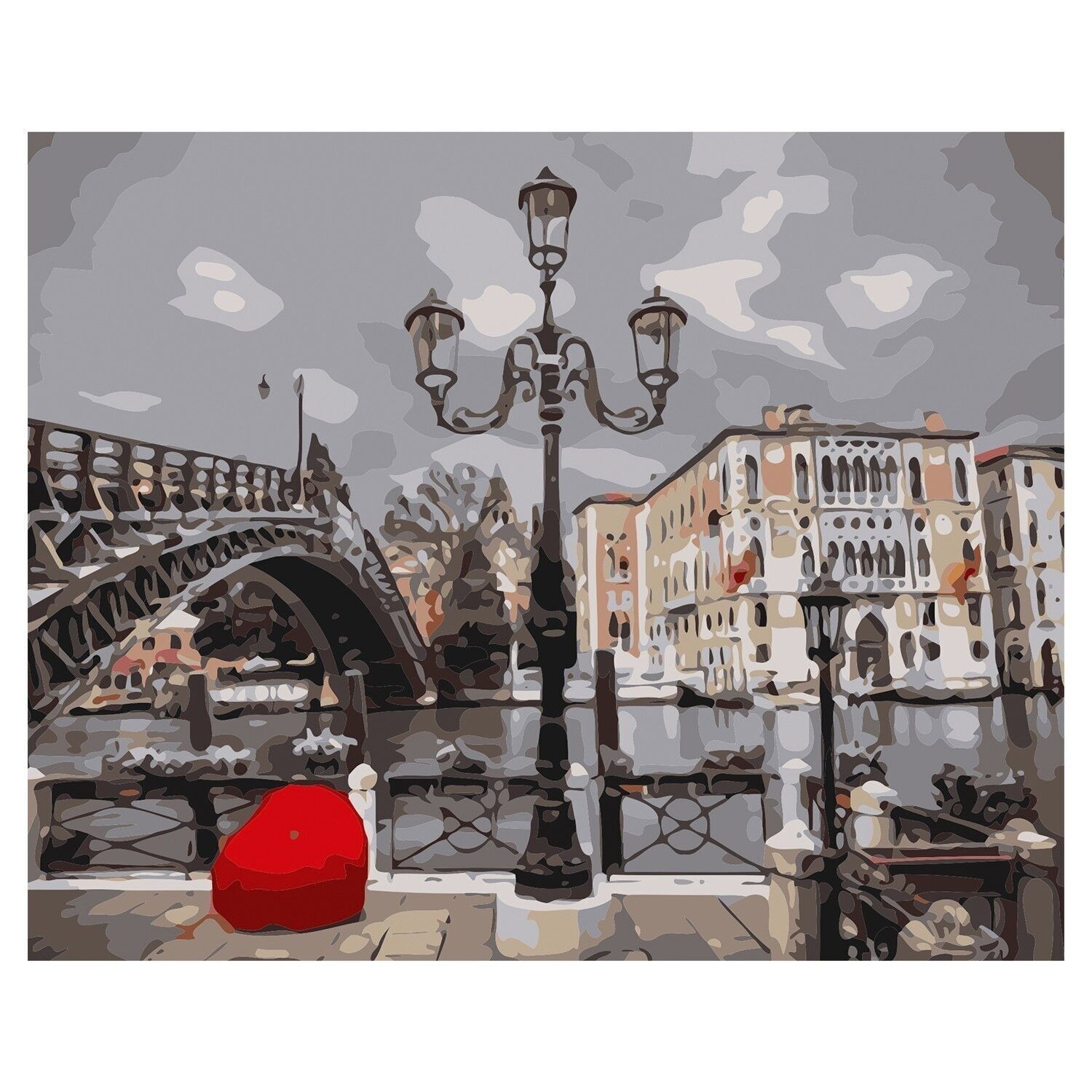 Canvas with drawing to paint with numbers, 40x50cm. River and city design. Includes necessary brushes and paints. Pearl Gray