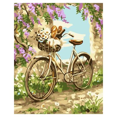 Canvas with drawing to paint with numbers, 40x50cm. Old bike design. Includes necessary brushes and paints. Light beige
