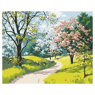 Canvas with drawing to paint with numbers, 40x50cm. Road and field design. Includes necessary brushes and paints. Light pink