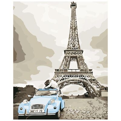 Canvas with drawing to paint with numbers, 40x50cm. Eiffel tower and 2CV design. Includes necessary brushes and paints. dark beige