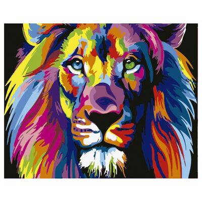 Tela con disegno da dipingere con i numeri, 40x50cm. Disegno leone multicolore. Include pennelli e vernici necessari. Multicolore
