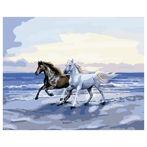 Lienzo con dibujo para pintar con números, de 40x50cm. Diseño caballos en la playa. Incluye pinceles y pinturas necesarias. Azul Petróleo