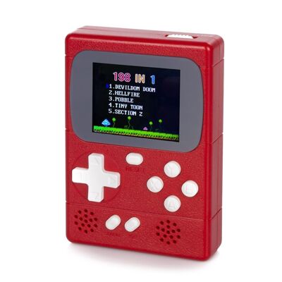 Retro Pocket Player mini handheld console with 198 8-bit games, 2-inch screen. Red