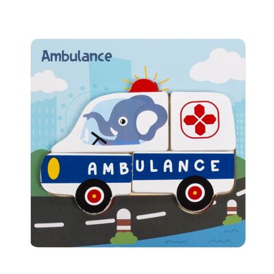 Wooden puzzle for children, 4 pieces. Ambulance design. White