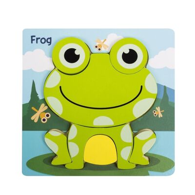 Wooden puzzle for children, 7 pieces. Frog design. Light green