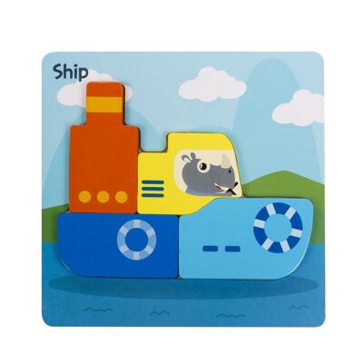 Wooden puzzle for children, 4 pieces. Boat design. Blue