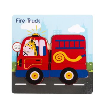 Puzzle en bois pour enfants, 5 pièces. Conception de camion de pompiers. Rouge foncé 1