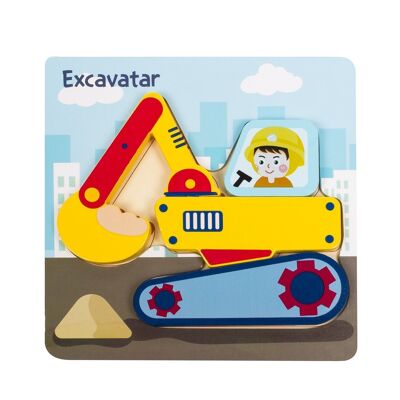 Wooden puzzle for children, 4 pieces. Excavator design. Light yellow