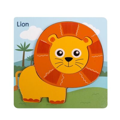 Puzzle in legno per bambini, 3 pezzi. Disegno del leone. Arancia