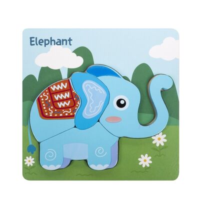 Puzle de madera para niños, de 4 piezas. Diseño elefante. Azul Claro