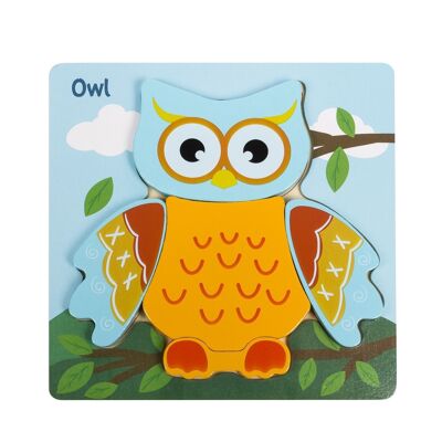 Wooden puzzle for children, 5 pieces. Owl design. Light Blue
