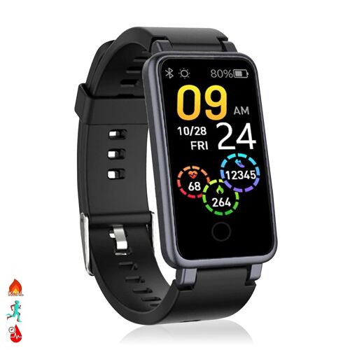 Brazalete inteligente C2 Plus con monitor cardiaco, presión sanguínea y notificaciones. Negro