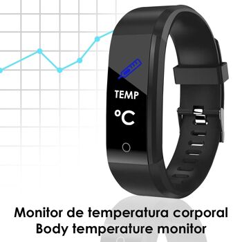 Bracelet intelligent ID115 Plus avec thermomètre, moniteur de fréquence cardiaque, tension artérielle et oxygène. Le noir 2