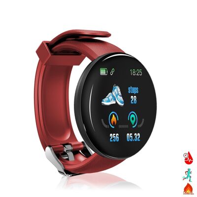 Brazalete inteligente D18 con notificaciones, monitor cardíaco, O2 en sangre, pulso y modo multideporte Rojo