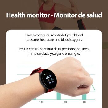 Bracelet intelligent D18 avec notifications, moniteur de fréquence cardiaque, O2 sanguin, pouls et mode multisport Rouge 2