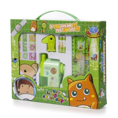 Stationery set with metal case and writing accessories. Green