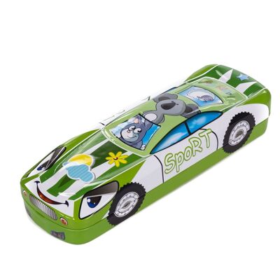 Astuccio metallico per bambini con design 3D di auto da corsa. Verde