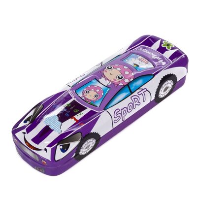 Trousse à crayons métallique pour enfants avec un design de voiture de course en 3D. violette