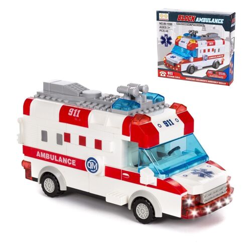 Ambulancia con luces y efectos de sonido. Para construir, 48 piezas. Modo automático de funcionamiento 360°. Rojo