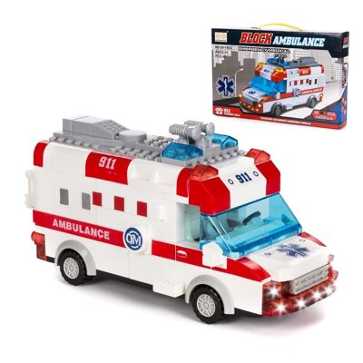 Ambulanza con luci ed effetti sonori. Per costruire, 48 pezzi. Modalità di funzionamento automatica a 360°. Bianco