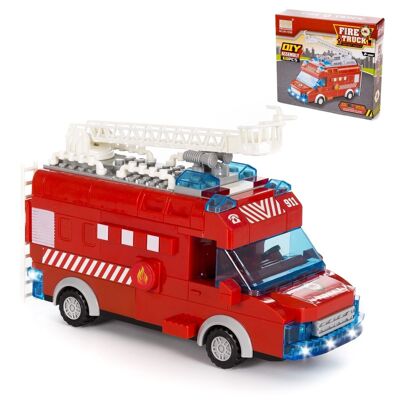 Fire truck with lights and sound effects. To build, 60 pieces. Automatic 360° operating mode. Red