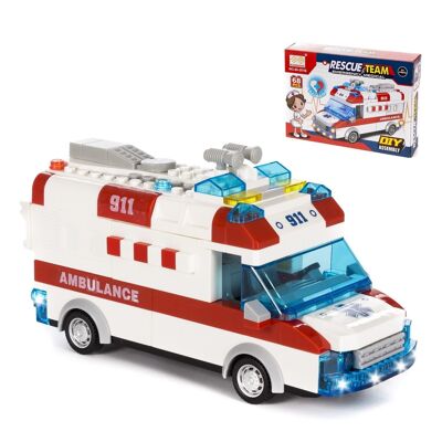 Ambulance avec lumières et effets sonores. A construire, 68 pièces. Opération de recul inertiel. Blanc