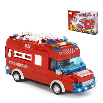 Fire truck with lights and sound effects. To build, 70 pieces. Inertial recoil operation. Red