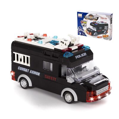 SWAT police van with lights and sound effects. To build, 77 pieces. Inertial recoil operation. Black
