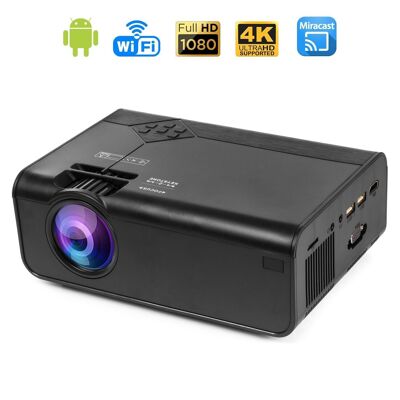 A13 LED video projector with Wifi and Android 6.0 built-in. Full HD1080P, support 4K. From 27 to 200 inches, brightness 8000 lm, built-in speaker. Black