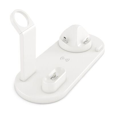 Base de carga 4 en 1 con carga inalámbrica QI, soporte giratorio con conexión lightning, micro USB y USB-C. Stand para Apple Watch y soporte con carga para Airpods. Cable extraíble. Blanco